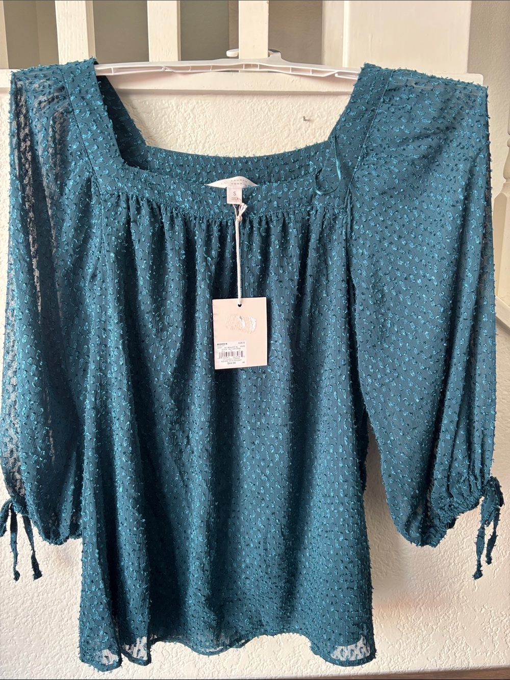 LC Lauren Conrad Teal Swiss Dot Peasant Blouse